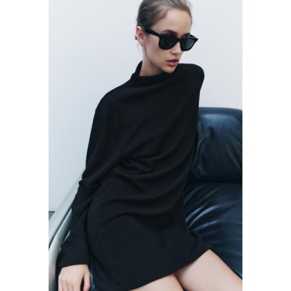 ZARA High Neck Soft Knit Dress Long Sleeve Sweater Dress Black Women's sz Medium - Picture 8 of 10